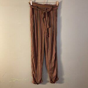 American Eagle Women’s Lined  Paperbag Pants S Red Striped Linen Blend Cropped